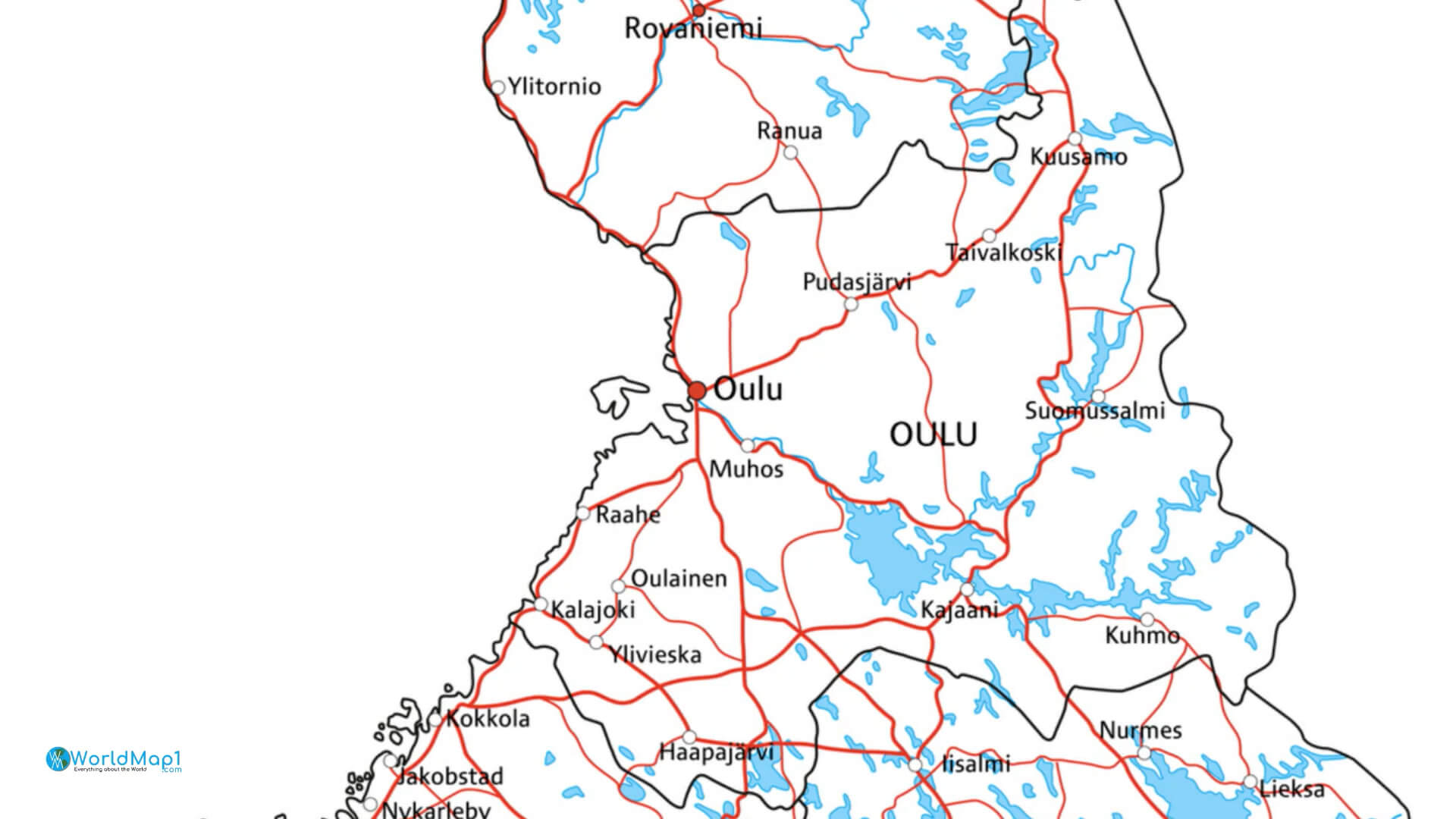 Karte der Straßen und Seen der nordfinnischen Städte